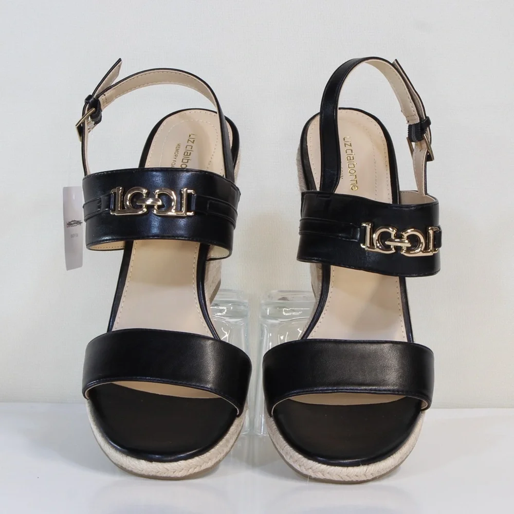 Liz Claiborne Black Amaro Wedge Heel Espadrille Sandal NWT NIB